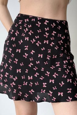 French Vintage Bow Print A-line Skirt for Women - Slim Fit Short Skirt with Y2K Style