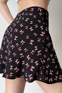 French Vintage Bow Print A-line Skirt for Women - Slim Fit Short Skirt with Y2K Style