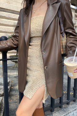 French Vintage Brown Leather Suit Coat for Women - Loose Straight Fit, Versatile Autumn Style 2024