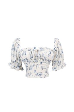 French Vintage Drawstring Tie Square Neck Puff Sleeve Waist-Exposing Short Sleeve Top for Vacation - Spring/Summer 2025 Fashion