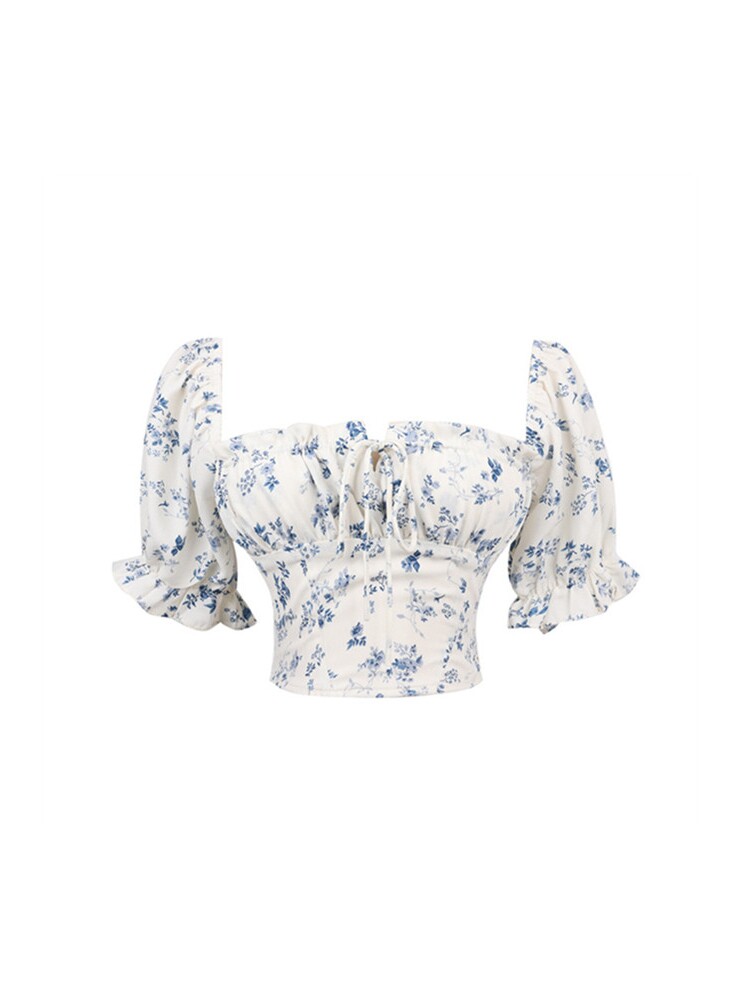 French Vintage Drawstring Tie Square Neck Puff Sleeve Waist-Exposing Short Sleeve Top for Vacation - Spring/Summer 2025 Fashion French Vintage Drawstring Tie Square Neck Puff Sleeve Waist-Exposing Short Sleeve Top for Vacation - Spring/Summer 2025 Fashion