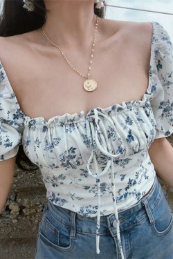 French Vintage Drawstring Tie Square Neck Puff Sleeve Waist-Exposing Short Sleeve Top for Vacation - Spring/Summer 2025 Fashion