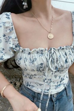 French Vintage Drawstring Tie Square Neck Puff Sleeve Waist-Exposing Short Sleeve Top for Vacation - Spring/Summer 2025 Fashion