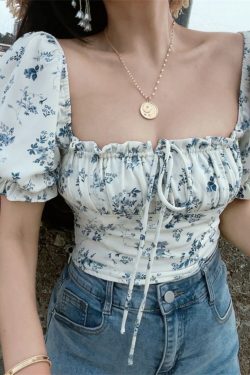 French Vintage Drawstring Tie Square Neck Puff Sleeve Waist-Exposing Short Sleeve Top for Vacation - Spring/Summer 2025 Fashion