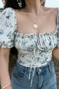 French Vintage Drawstring Tie Square Neck Puff Sleeve Waist-Exposing Short Sleeve Top for Vacation - Spring/Summer 2025 Fashion