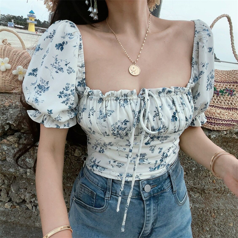 French Vintage Drawstring Tie Square Neck Puff Sleeve Waist-Exposing Short Sleeve Top for Vacation - Spring/Summer 2025 Fashion French Vintage Drawstring Tie Square Neck Puff Sleeve Waist-Exposing Short Sleeve Top for Vacation - Spring/Summer 2025 Fashion