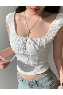 French Vintage Embroidered Hollow Out Tie Waist Slimming Camisole Top for Women - Perfect for Vacation and Y2K Style