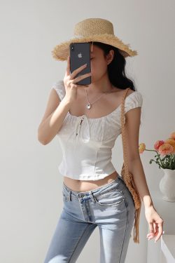 French Vintage Embroidered Hollow Out Tie Waist Slimming Camisole Top for Women - Perfect for Vacation and Y2K Style