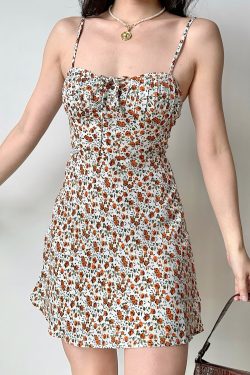 French Vintage Floral Cami Dress for Women - A-Line Short Vacation Dress in 90s Style