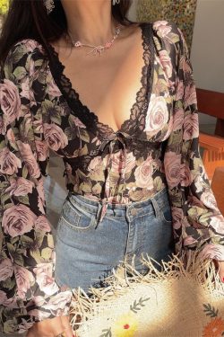 French Vintage Floral V-Neck Lantern Sleeve Blouse - Handmade Spring/Summer 2025, Waist-Cinched Vacation Top