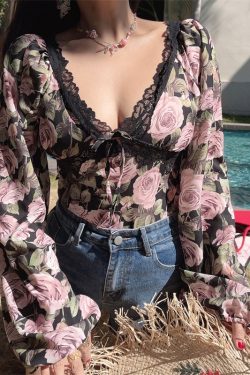 French Vintage Floral V-Neck Lantern Sleeve Blouse - Handmade Spring/Summer 2025, Waist-Cinched Vacation Top