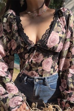 French Vintage Floral V-Neck Lantern Sleeve Blouse - Handmade Spring/Summer 2025, Waist-Cinched Vacation Top