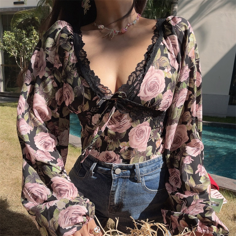 French Vintage Floral V-Neck Lantern Sleeve Blouse - Handmade Spring/Summer 2025, Waist-Cinched Vacation Top French Vintage Floral V-Neck Lantern Sleeve Blouse - Handmade Spring/Summer 2025, Waist-Cinched Vacation Top