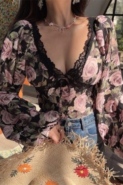 French Vintage Floral V-Neck Lantern Sleeve Blouse - Handmade Spring/Summer 2025, Waist-Cinched Vacation Top