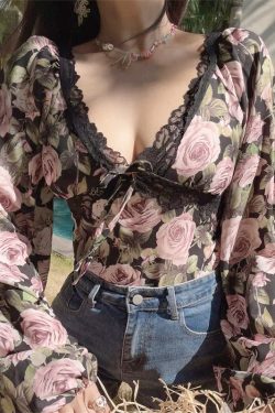 French Vintage Floral V-Neck Lantern Sleeve Blouse - Handmade Spring/Summer 2025, Waist-Cinched Vacation Top