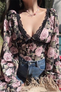 French Vintage Floral V-Neck Lantern Sleeve Blouse - Handmade Spring/Summer 2025, Waist-Cinched Vacation Top