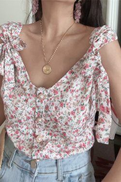 French Vintage Floral V-Neck Tie-Up Sleeveless Shirt Top for Vacation - 2025 Spring/Summer Romantic Style