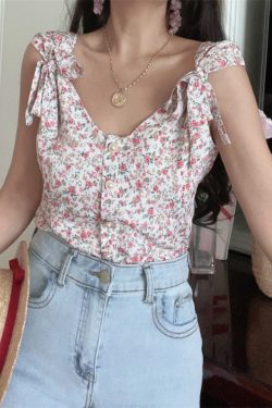 French Vintage Floral V-Neck Tie-Up Sleeveless Shirt Top for Vacation - 2025 Spring/Summer Romantic Style