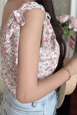 French Vintage Floral V-Neck Tie-Up Sleeveless Shirt Top for Vacation - 2025 Spring/Summer Romantic Style