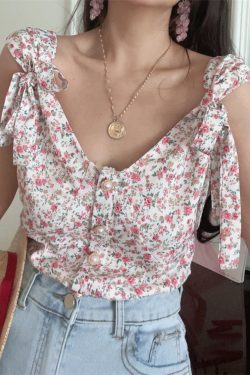 French Vintage Floral V-Neck Tie-Up Sleeveless Shirt Top for Vacation - 2025 Spring/Summer Romantic Style