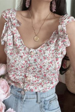 French Vintage Floral V-Neck Tie-Up Sleeveless Shirt Top for Vacation - 2025 Spring/Summer Romantic Style