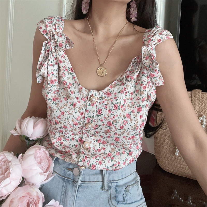 French Vintage Floral V-Neck Tie-Up Sleeveless Shirt Top for Vacation - 2025 Spring/Summer Romantic Style French Vintage Floral V-Neck Tie-Up Sleeveless Shirt Top for Vacation - 2025 Spring/Summer Romantic Style