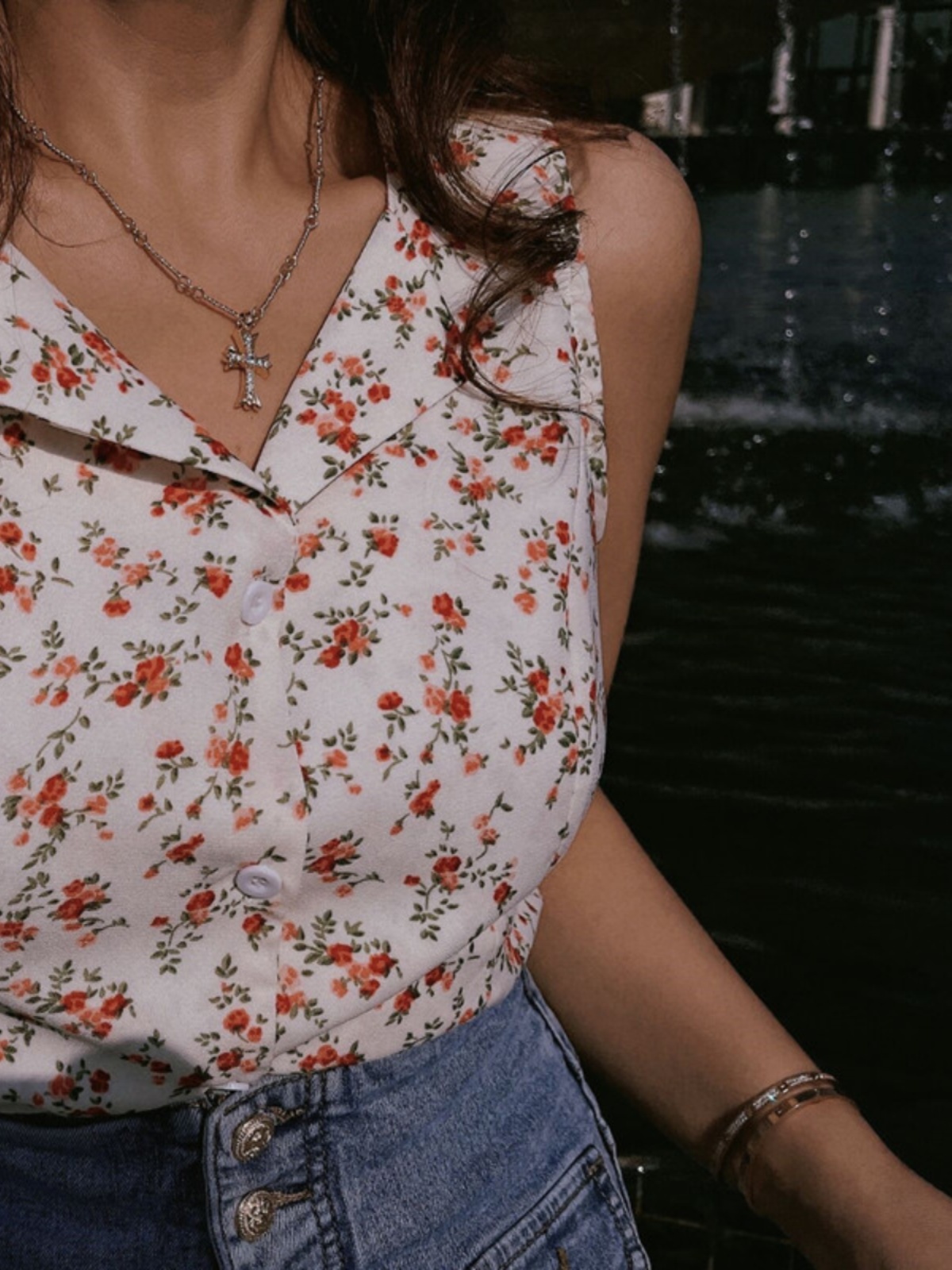 French Vintage Floral Waist-Defining Slim Fit Sleeveless Shirt Top for Women - 2025 Spring/Summer Fashion French Vintage Floral Waist-Defining Slim Fit Sleeveless Shirt Top for Women - 2025 Spring/Summer Fashion