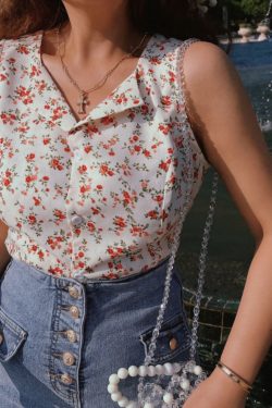 French Vintage Floral Waist-Defining Slim Fit Sleeveless Shirt Top for Women - 2025 Spring/Summer Fashion