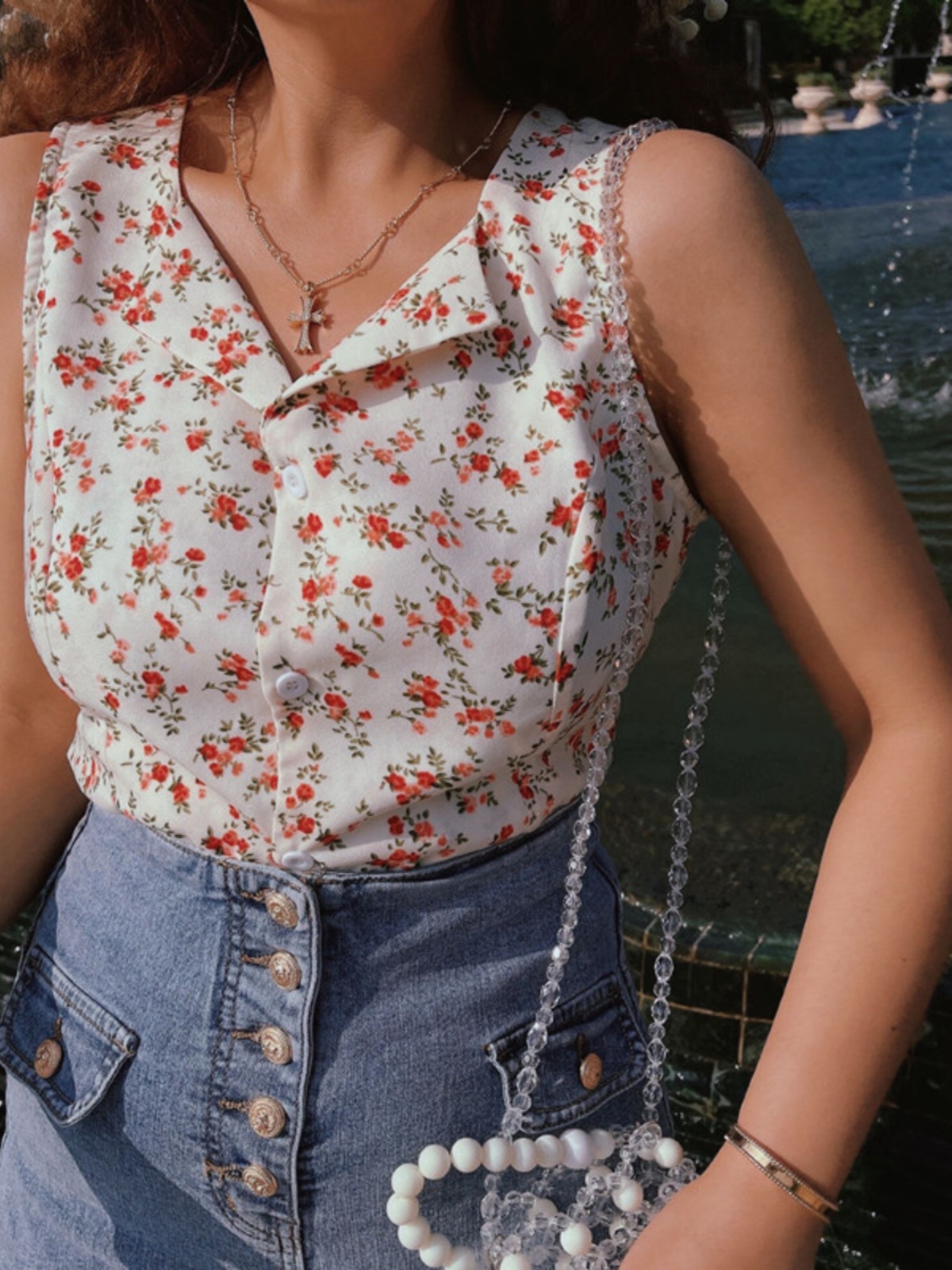 French Vintage Floral Waist-Defining Slim Fit Sleeveless Shirt Top for Women - 2025 Spring/Summer Fashion French Vintage Floral Waist-Defining Slim Fit Sleeveless Shirt Top for Women - 2025 Spring/Summer Fashion