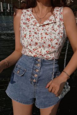 French Vintage Floral Waist-Defining Slim Fit Sleeveless Shirt Top for Women - 2025 Spring/Summer Fashion