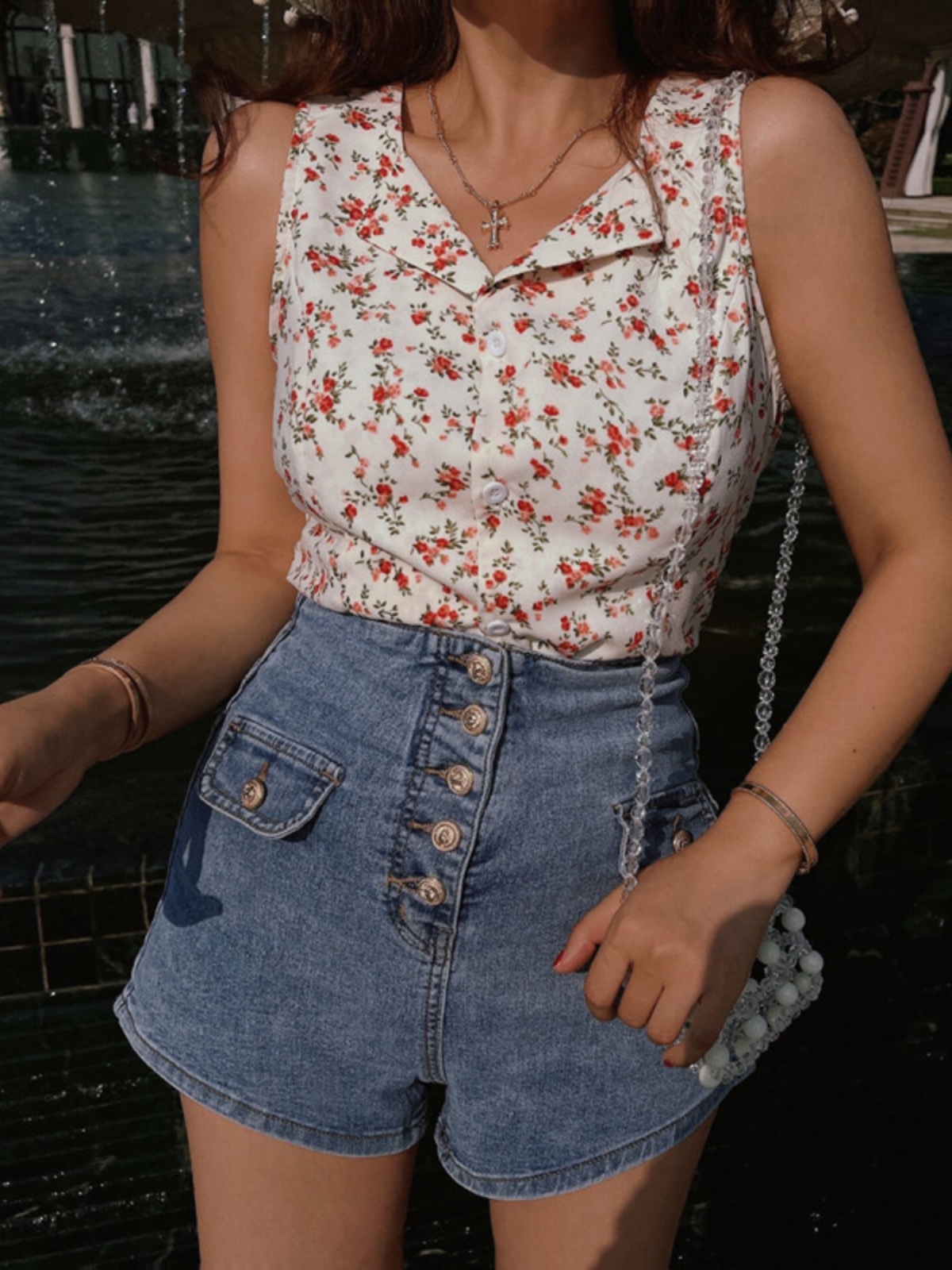 French Vintage Floral Waist-Defining Slim Fit Sleeveless Shirt Top for Women - 2025 Spring/Summer Fashion French Vintage Floral Waist-Defining Slim Fit Sleeveless Shirt Top for Women - 2025 Spring/Summer Fashion