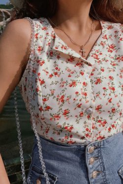 French Vintage Floral Waist-Defining Slim Fit Sleeveless Shirt Top for Women - 2025 Spring/Summer Fashion