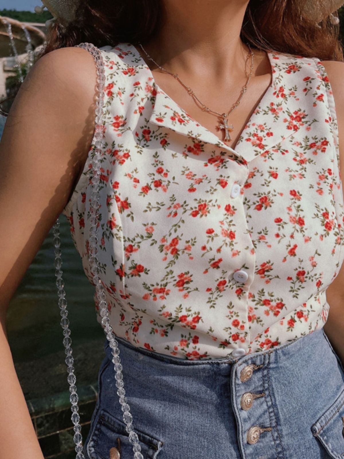 French Vintage Floral Waist-Defining Slim Fit Sleeveless Shirt Top for Women - 2025 Spring/Summer Fashion French Vintage Floral Waist-Defining Slim Fit Sleeveless Shirt Top for Women - 2025 Spring/Summer Fashion