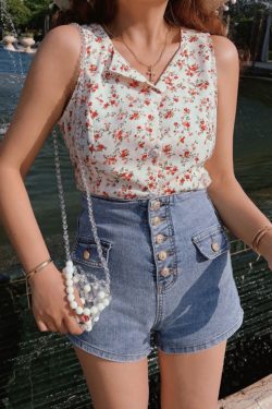 French Vintage Floral Waist-Defining Slim Fit Sleeveless Shirt Top for Women - 2025 Spring/Summer Fashion