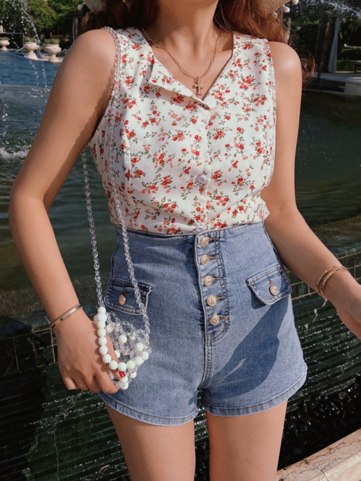 French Vintage Floral Waist-Defining Slim Fit Sleeveless Shirt Top for Women - 2025 Spring/Summer Fashion French Vintage Floral Waist-Defining Slim Fit Sleeveless Shirt Top for Women - 2025 Spring/Summer Fashion