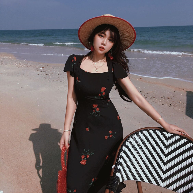 French Vintage Flowy Sleeve Black Waist-Cinching Bodycon Long Dress for Women - 2024 Spring/Summer Vacation Style French Vintage Flowy Sleeve Black Waist-Cinching Bodycon Long Dress for Women - 2024 Spring/Summer Vacation Style
