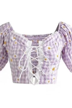 French Vintage Front Tie Daisy Print Square Neck Puff Sleeve Shirt Top for Spring/Summer 2025 - Chic 90s Inspired Fashion