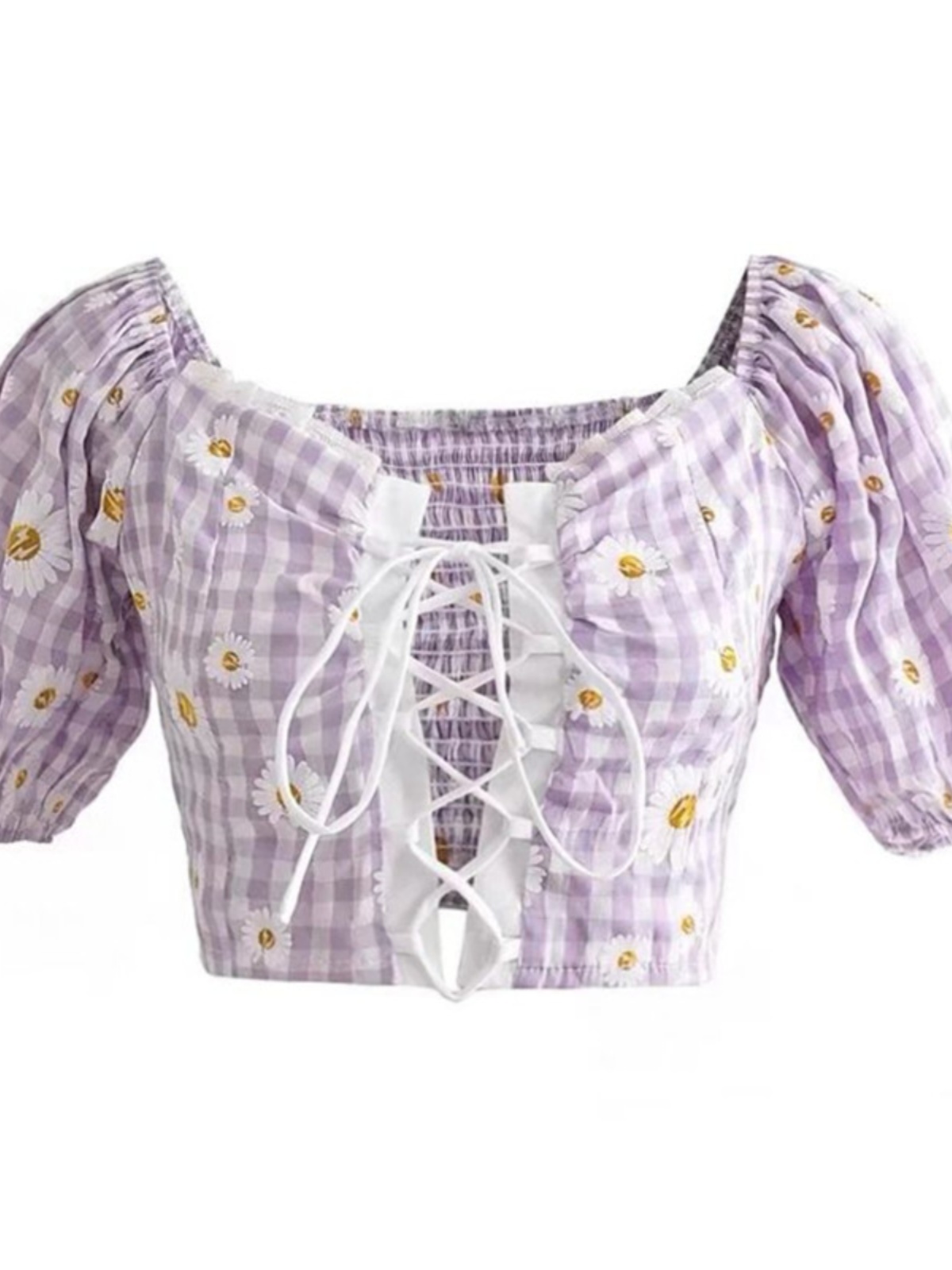 French Vintage Front Tie Daisy Print Square Neck Puff Sleeve Shirt Top for Spring/Summer 2025 - Chic 90s Inspired Fashion French Vintage Front Tie Daisy Print Square Neck Puff Sleeve Shirt Top for Spring/Summer 2025 - Chic 90s Inspired Fashion