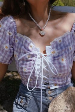 French Vintage Front Tie Daisy Print Square Neck Puff Sleeve Shirt Top for Spring/Summer 2025 - Chic 90s Inspired Fashion