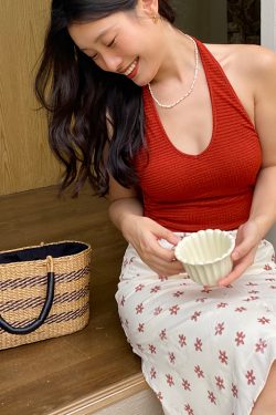 French Vintage Halter Neck Backless Crop Top for Women – Summer Sexy Vest with Chest Pad, Y2K Style