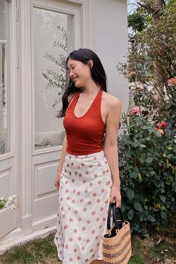 French Vintage Halter Neck Backless Crop Top for Women – Summer Sexy Vest with Chest Pad, Y2K Style