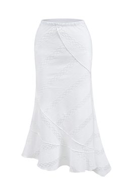 French Vintage Lace Mermaid Skirt with Irregular Hem - White Long Skirt for Boho and Y2K Style