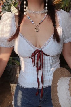 French Vintage Lace Trim Color-Blocked Bow Puff Sleeve Short-Sleeve Top - Handmade Spring/Summer Vacation Style