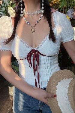 French Vintage Lace Trim Color-Blocked Bow Puff Sleeve Short-Sleeve Top - Handmade Spring/Summer Vacation Style