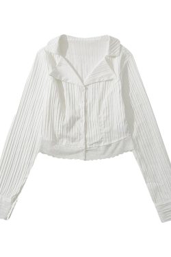 French Vintage Lace Trim High-Waisted Short Long Sleeve Shirt Top in Pure White - Cute Sweet Style for 90s Inspired Looks