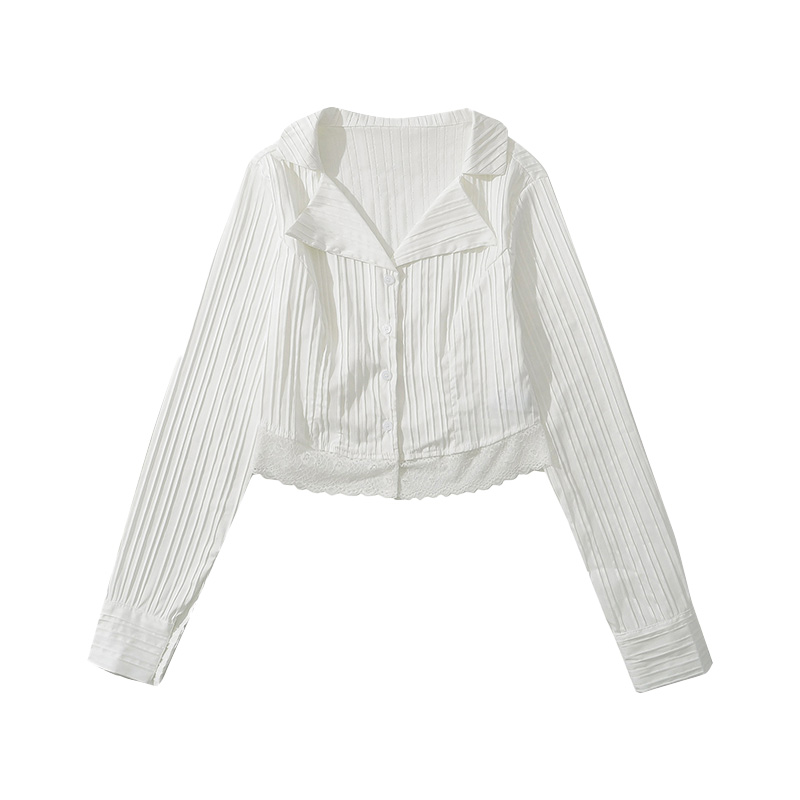 French Vintage Lace Trim High-Waisted Short Long Sleeve Shirt Top in Pure White - Cute Sweet Style for 90s Inspired Looks French Vintage Lace Trim High-Waisted Short Long Sleeve Shirt Top in Pure White - Cute Sweet Style for 90s Inspired Looks