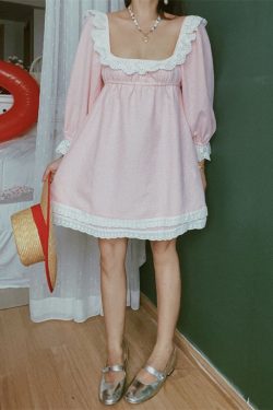 French Vintage Lace Trim Square Neck Vacation Dress - Chenopod Sweet Powder Moonlight 2025 Spring/Summer, Y2K Style