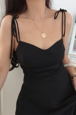 French Vintage Lace-Up Waist Black Chiffon Slimming Cami Dress - 2025 Spring/Summer Vacation Style, Chic 90s-Inspired Look