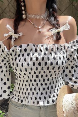 French Vintage One-Shoulder Big Polka Dot Bell Sleeve Blouse - Handmade Spring/Summer Vacation Top for Women