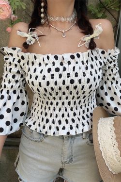 French Vintage One-Shoulder Big Polka Dot Bell Sleeve Blouse - Handmade Spring/Summer Vacation Top for Women